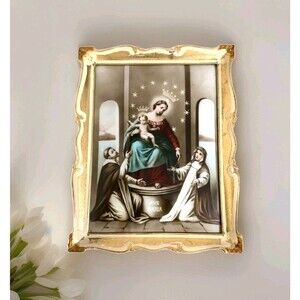 Vintage 1960's Our Lady Of The Rosary Pompeii Lighted Convex Glass Wall Hanging